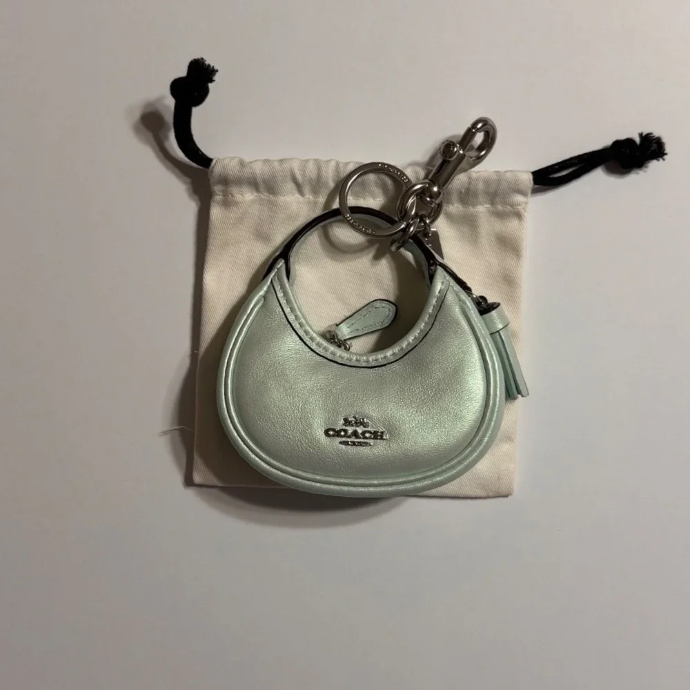 Coach Metallic Mint Green Mini Bag Charm Hobo Key Fob Tassel Leather Accessory